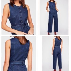 Free People Denim Wide Leg Button Wrap Jumpsuit